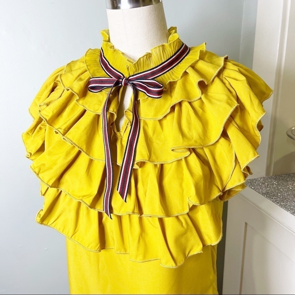 Love Song Mustard Yellow Ruffled High Neck Collared Blouse - Picture 5 of 11